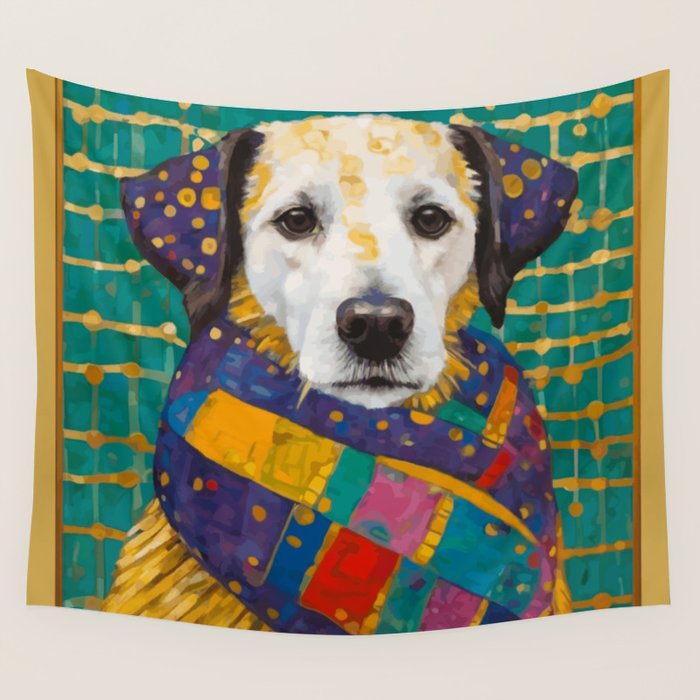 Gustav Klimt Style Dog with Colorful Scarf Wall Tapestry Gallery Image 1