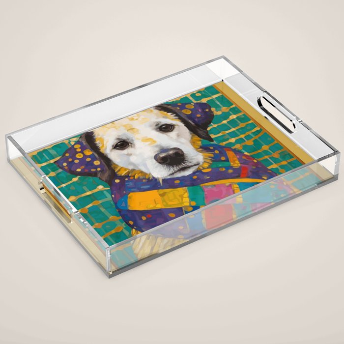Gustav Klimt Style Dog with Colorful Scarf Acrylic Tray Gallery Image 1