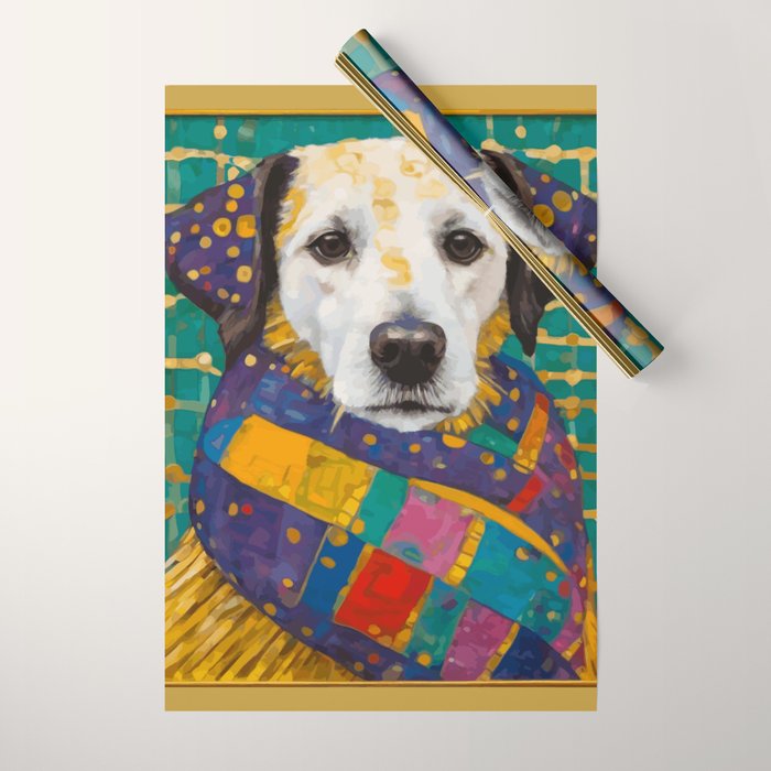 Gustav Klimt Style Dog with Colorful Scarf Wrapping Paper Gallery Image 1