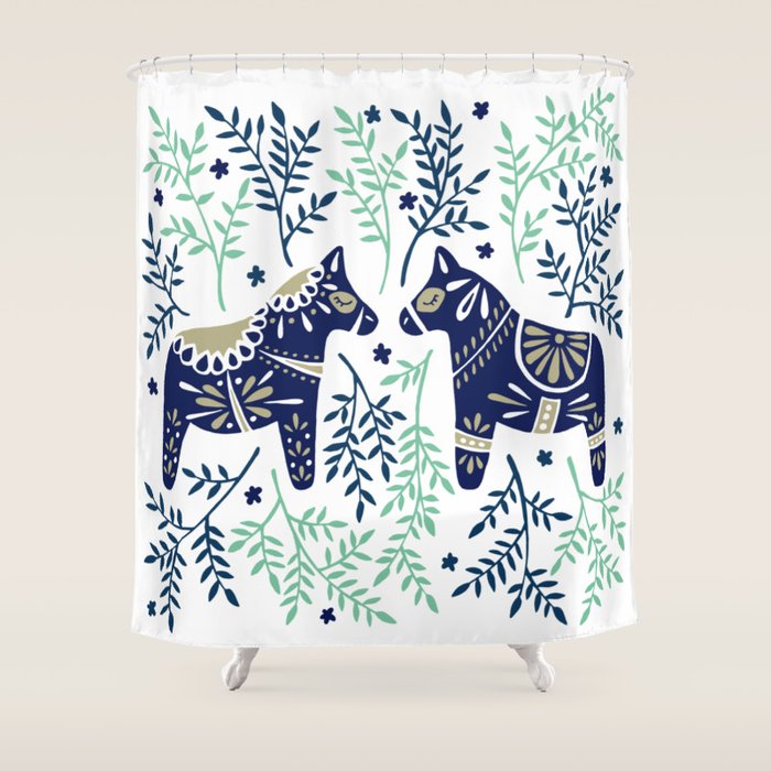Swedish Dala Horse - Navy & Mint Palette Shower Curtain Gallery Image 1