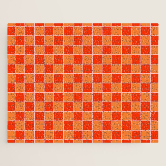 Checkered Grid Retro Contemporary Geometric Check Pattern in Orange Orange Pink Jigsaw Puzzle Gallery Image 1
