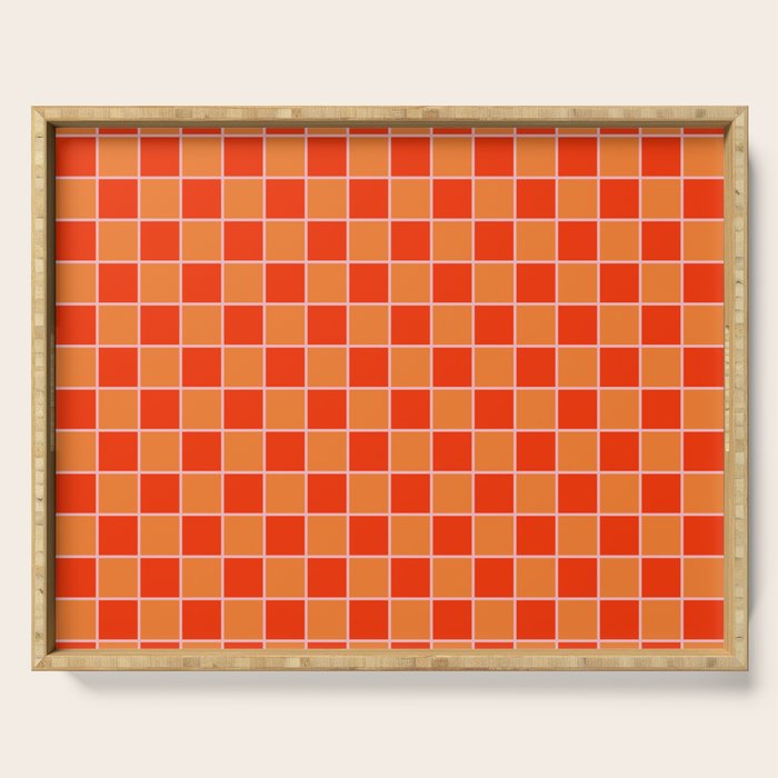 Checkered Grid Retro Contemporary Geometric Check Pattern in Orange Orange Pink Serving Tray Gallery Image 1