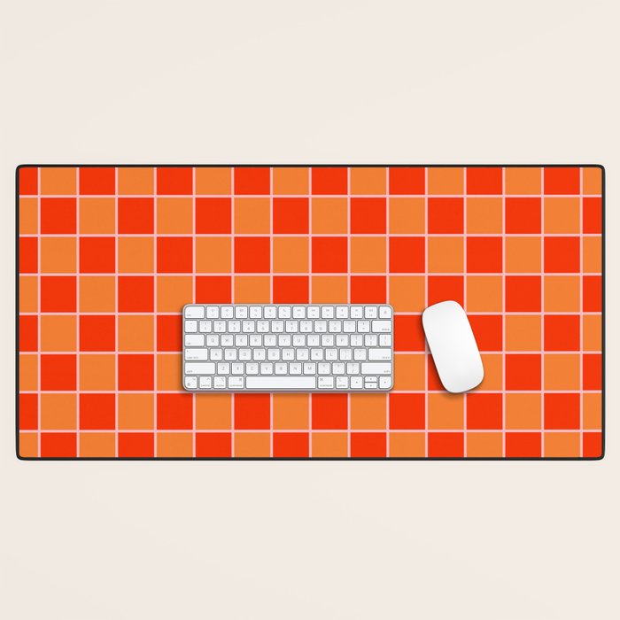 Checkered Grid Retro Contemporary Geometric Check Pattern in Orange Orange Pink Desk Mat Gallery Image 1