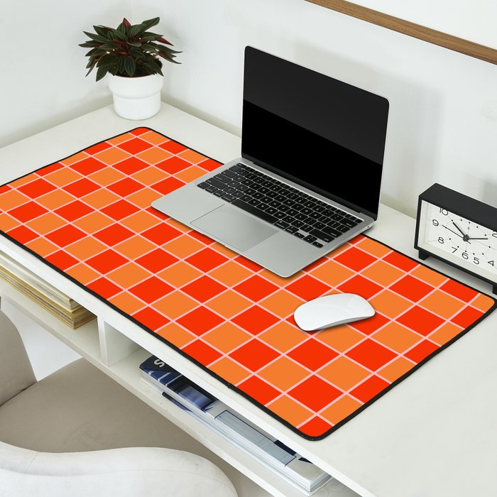 Checkered Grid Retro Contemporary Geometric Check Pattern in Orange Orange Pink Desk Mat Gallery Image 2