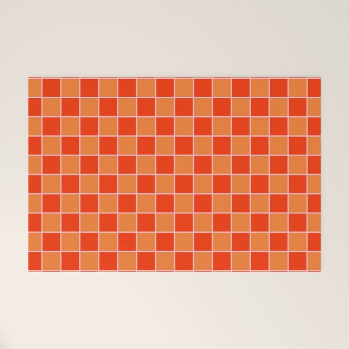 Checkered Grid Retro Contemporary Geometric Check Pattern in Orange Orange Pink Welcome Mat Gallery Image 1