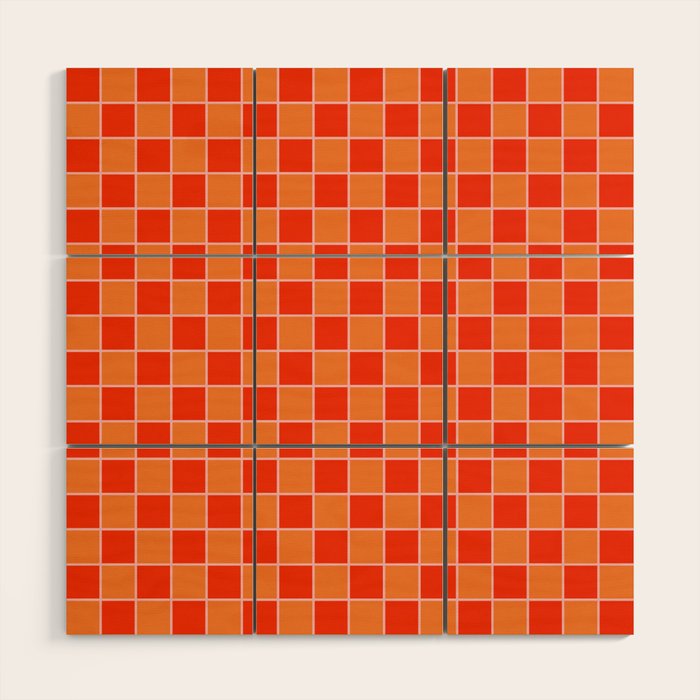 Checkered Grid Retro Contemporary Geometric Check Pattern in Orange Orange Pink Wood Wall Art Gallery Image 1