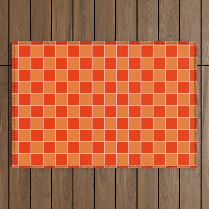 Checkered Grid Retro Contemporary Geometric Check Pattern in Orange Orange Pink Outdoor Rug Gallery Image 1