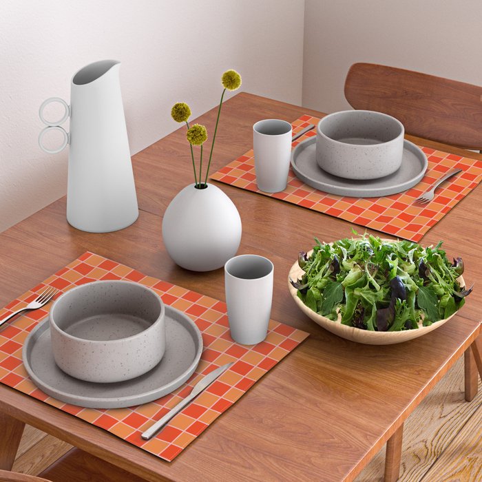 Checkered Grid Retro Contemporary Geometric Check Pattern in Orange Orange Pink Placemat Gallery Image 2