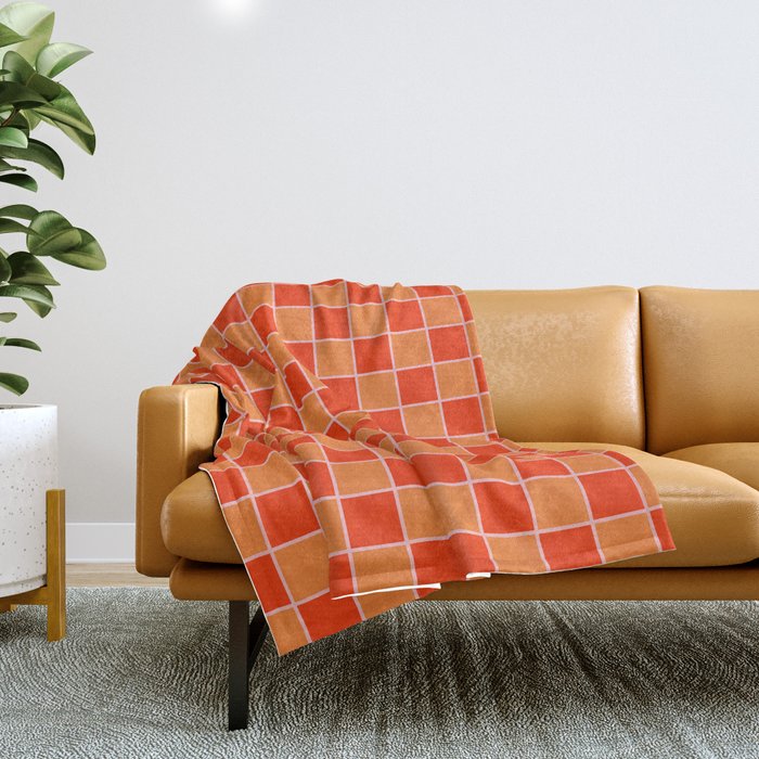 Checkered Grid Retro Contemporary Geometric Check Pattern in Orange Orange Pink Throw Blanket Gallery Image 1