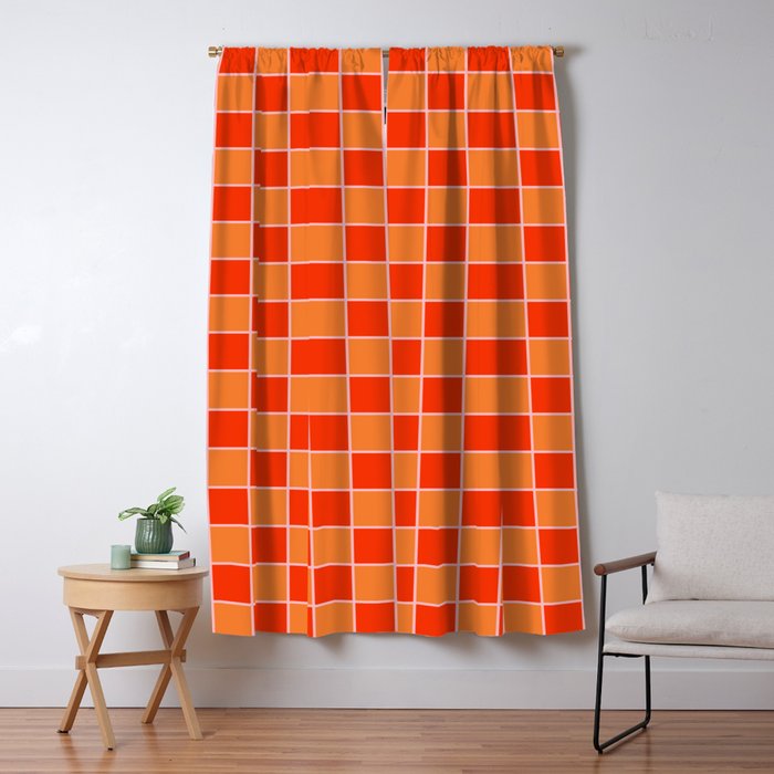 Checkered Grid Retro Contemporary Geometric Check Pattern in Orange Orange Pink Window Curtain Gallery Image 1