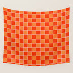 Checkered Grid Retro Contemporary Geometric Check Pattern in Orange Orange Pink Wall Tapestry Gallery Image 4