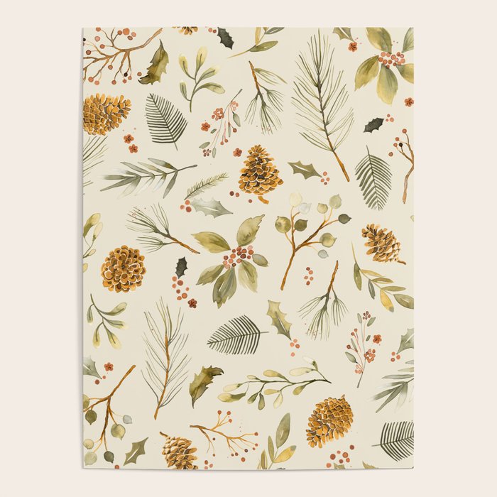 Christmas holiday botanical Pinecones and Holly Ecru Gold Poster Gallery Image 4
