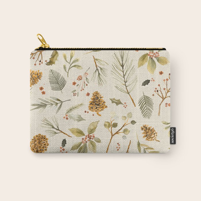 Christmas holiday botanical Pinecones and Holly Ecru Gold Carry All Pouch Gallery Image 1