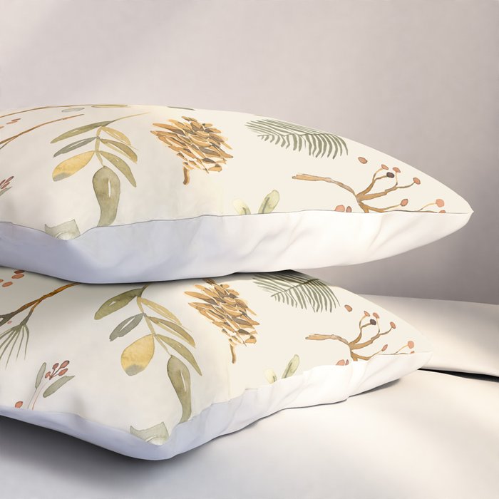 Christmas holiday botanical Pinecones and Holly Ecru Gold Pillow Sham Gallery Image 3