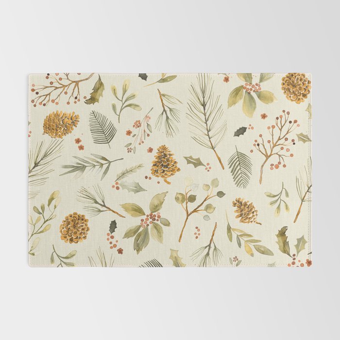 Christmas holiday botanical Pinecones and Holly Ecru Gold Rug Gallery Image 2