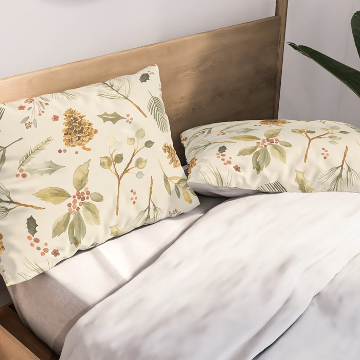 Christmas holiday botanical Pinecones and Holly Ecru Gold Pillow Sham Gallery Image 2