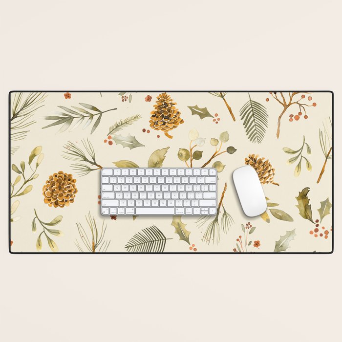 Christmas holiday botanical Pinecones and Holly Ecru Gold Desk Mat Gallery Image 1