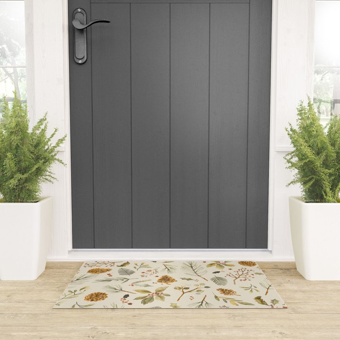 Christmas holiday botanical Pinecones and Holly Ecru Gold Welcome Mat Gallery Image 3