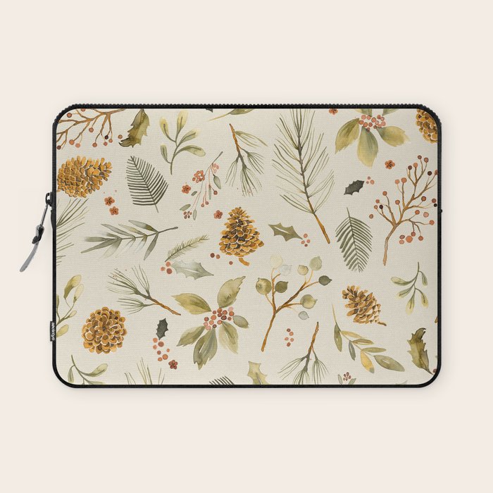 Christmas holiday botanical Pinecones and Holly Ecru Gold Laptop Sleeve Gallery Image 1