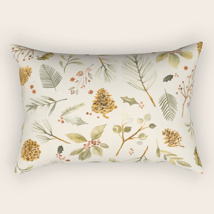 Christmas holiday botanical Pinecones and Holly Ecru Gold Rectangular Pillow Gallery Image 2