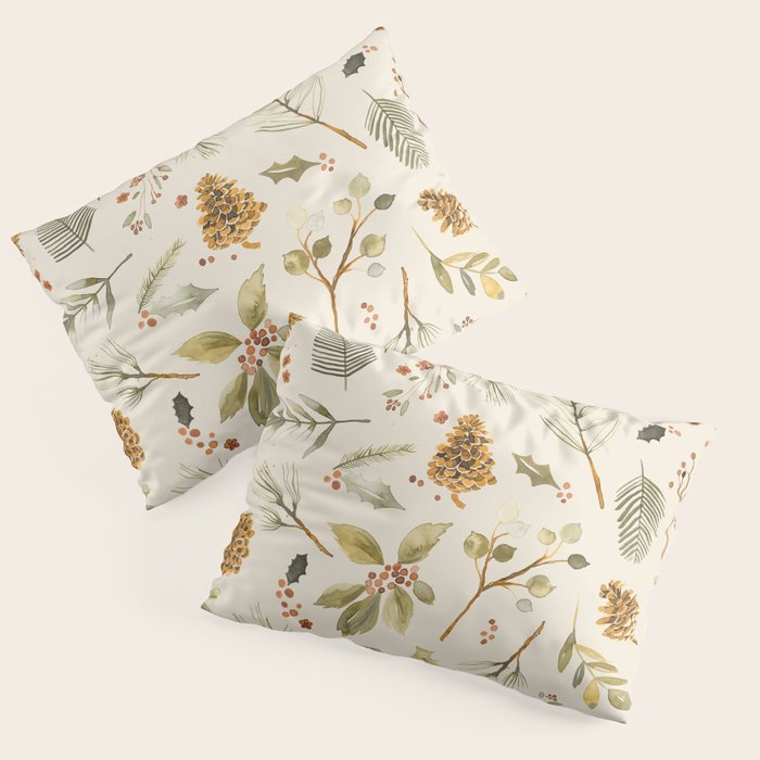 Christmas holiday botanical Pinecones and Holly Ecru Gold Pillow Sham Gallery Image 3