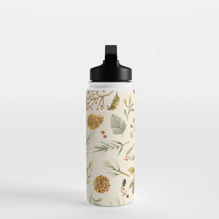 Christmas holiday botanical Pinecones and Holly Ecru Gold Water Bottle Gallery Image 3