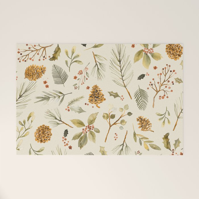 Christmas holiday botanical Pinecones and Holly Ecru Gold Welcome Mat Gallery Image 1