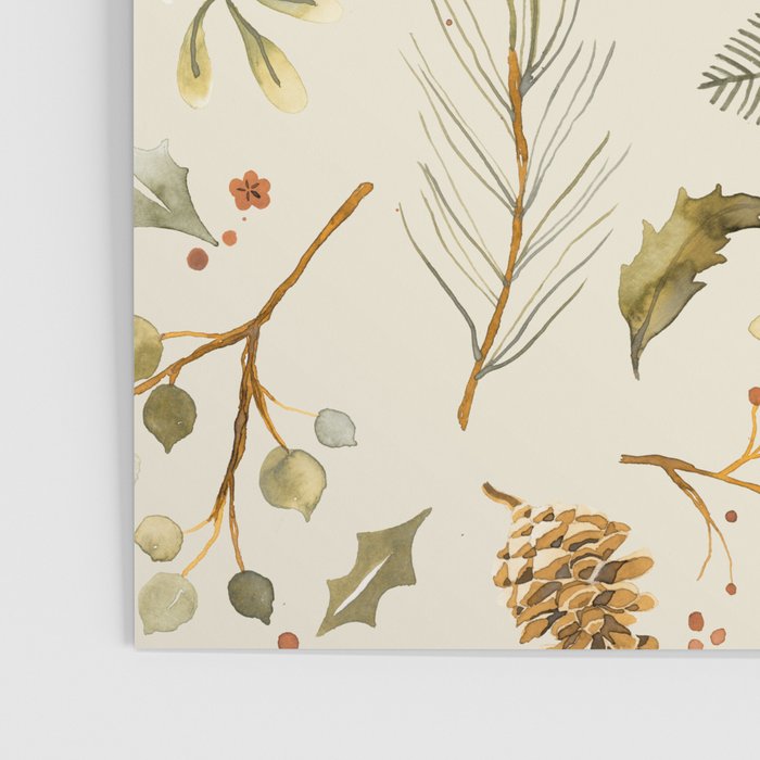 Christmas holiday botanical Pinecones and Holly Ecru Gold Poster Gallery Image 3