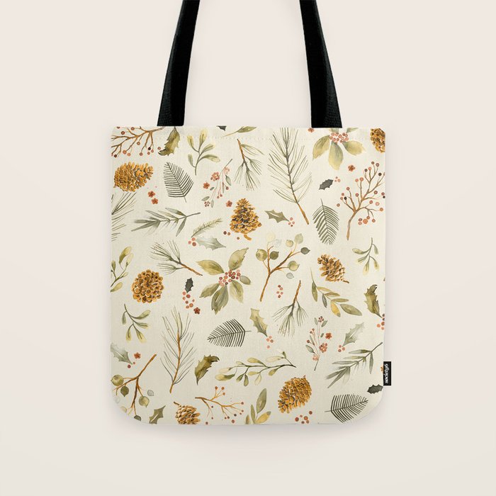 Christmas holiday botanical Pinecones and Holly Ecru Gold Tote Bag Gallery Image 1