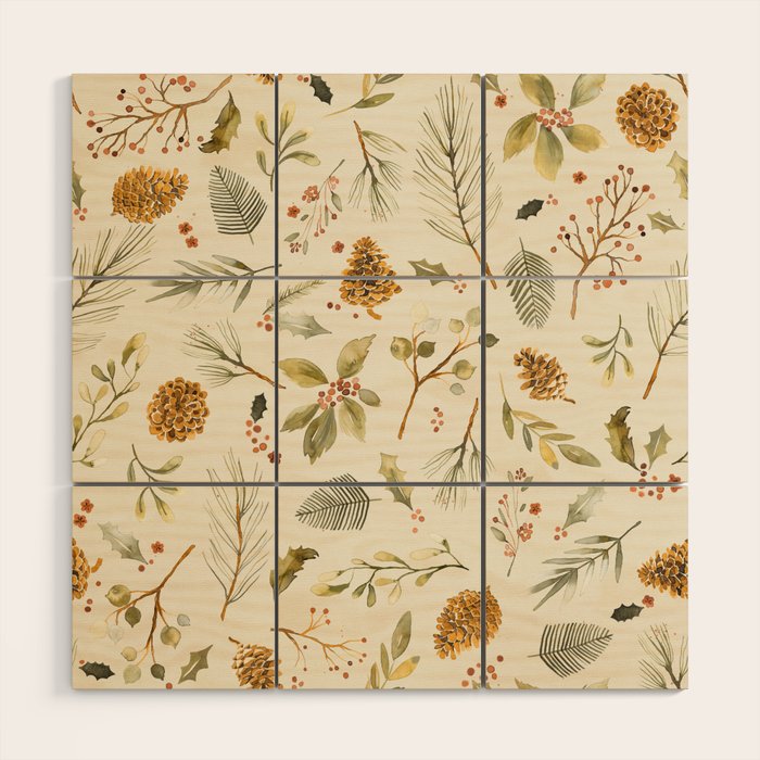 Christmas holiday botanical Pinecones and Holly Ecru Gold Wood Wall Art Gallery Image 1