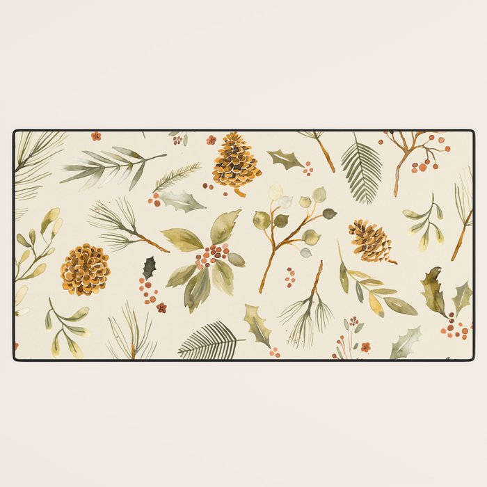 Christmas holiday botanical Pinecones and Holly Ecru Gold Desk Mat Gallery Image 3