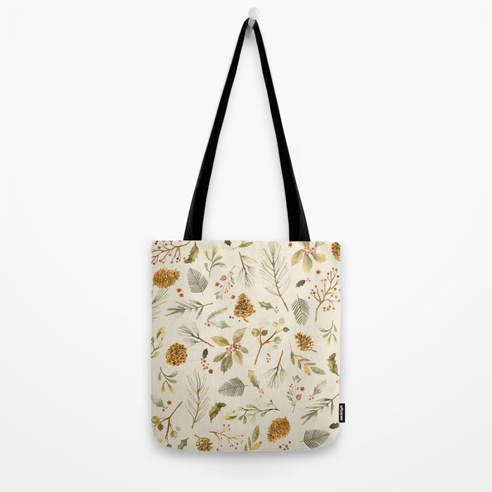 Christmas holiday botanical Pinecones and Holly Ecru Gold Tote Bag Gallery Image 2