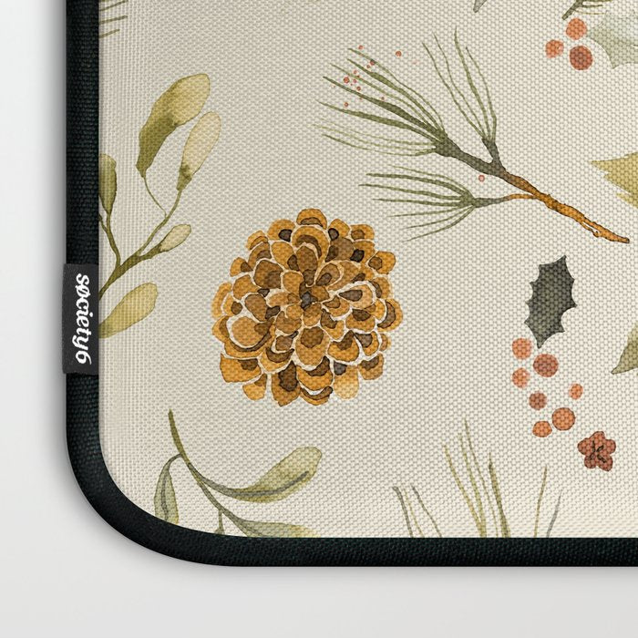 Christmas holiday botanical Pinecones and Holly Ecru Gold Laptop Sleeve Gallery Image 3