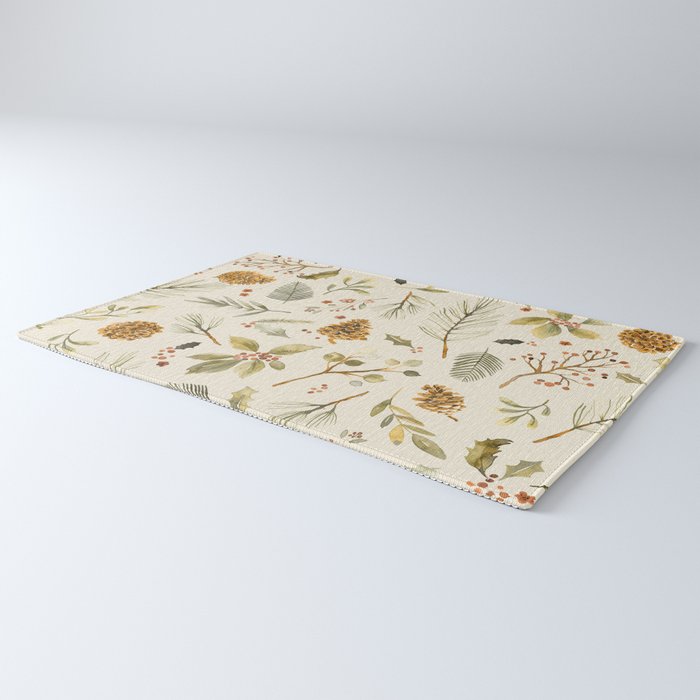Christmas holiday botanical Pinecones and Holly Ecru Gold Rug Gallery Image 3
