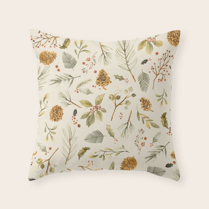 Christmas holiday botanical Pinecones and Holly Ecru Gold Throw Pillow Gallery Image 6