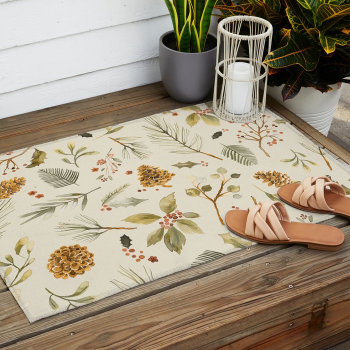 Christmas holiday botanical Pinecones and Holly Ecru Gold Outdoor Rug Gallery Image 2