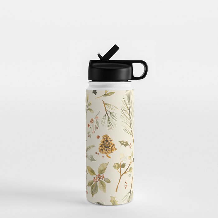 Christmas holiday botanical Pinecones and Holly Ecru Gold Water Bottle Gallery Image 1