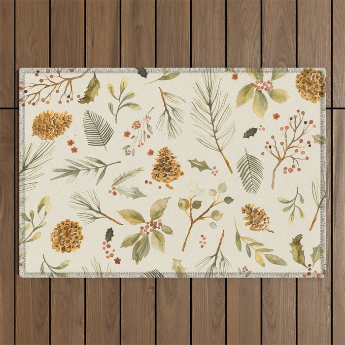Christmas holiday botanical Pinecones and Holly Ecru Gold Outdoor Rug Gallery Image 1