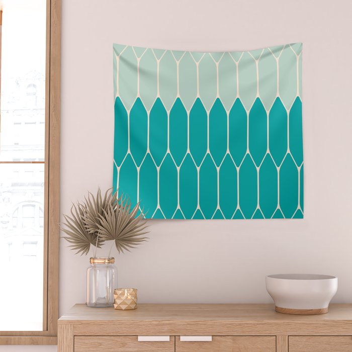 Minimalist Geometric Long Honeycomb Two-Toned Pattern in Turquoise Aqua Teal Wall Tapestry Gallery Image 2