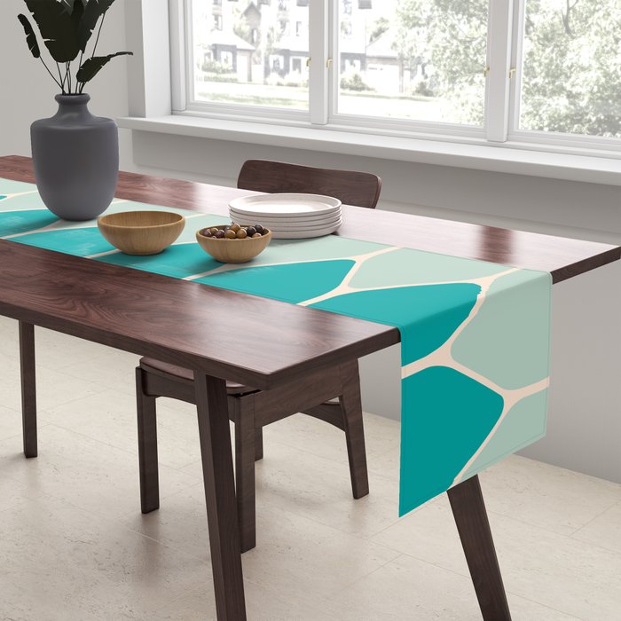 Minimalist Geometric Long Honeycomb Two-Toned Pattern in Turquoise Aqua Teal Table Runner Gallery Image 2