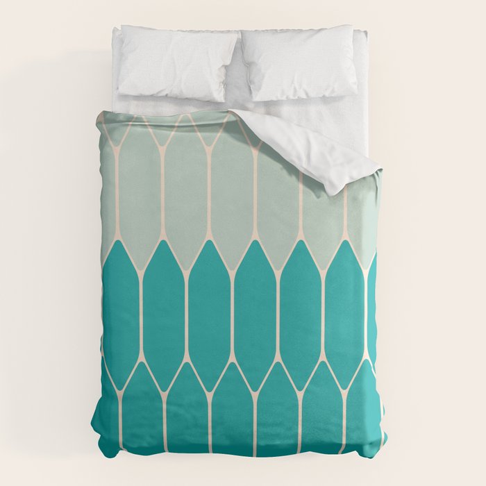 Minimalist Geometric Long Honeycomb Two-Toned Pattern in Turquoise Aqua Teal Duvet Cover Gallery Image 1