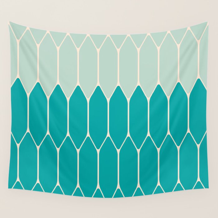 Minimalist Geometric Long Honeycomb Two-Toned Pattern in Turquoise Aqua Teal Wall Tapestry Gallery Image 4
