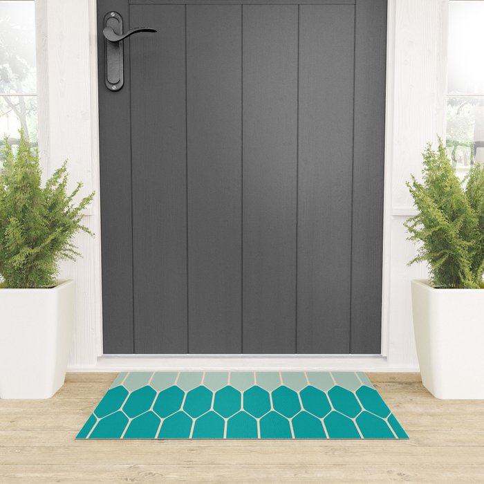 Minimalist Geometric Long Honeycomb Two-Toned Pattern in Turquoise Aqua Teal Welcome Mat Gallery Image 3