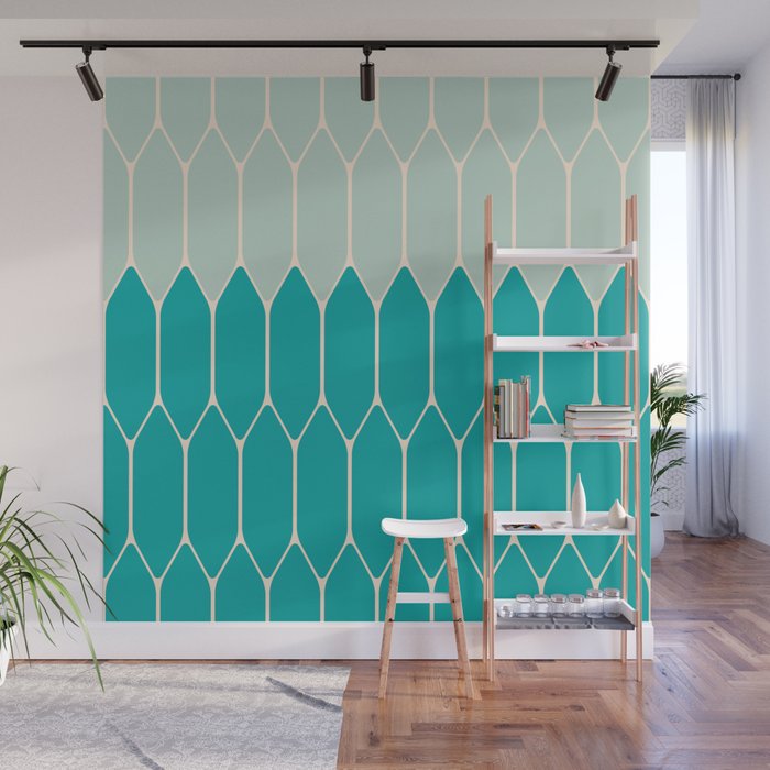Minimalist Geometric Long Honeycomb Two-Toned Pattern in Turquoise Aqua Teal Wall Mural Gallery Image 1