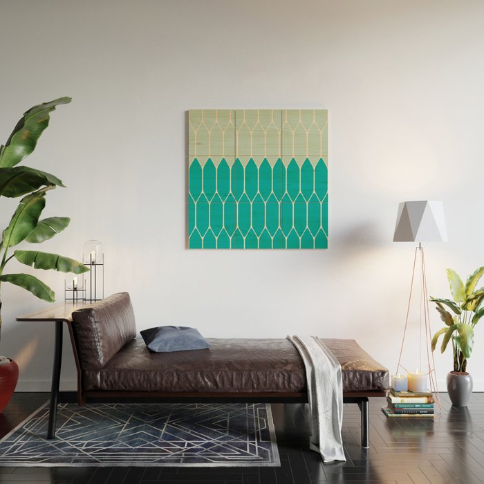 Minimalist Geometric Long Honeycomb Two-Toned Pattern in Turquoise Aqua Teal Wood Wall Art Gallery Image 2