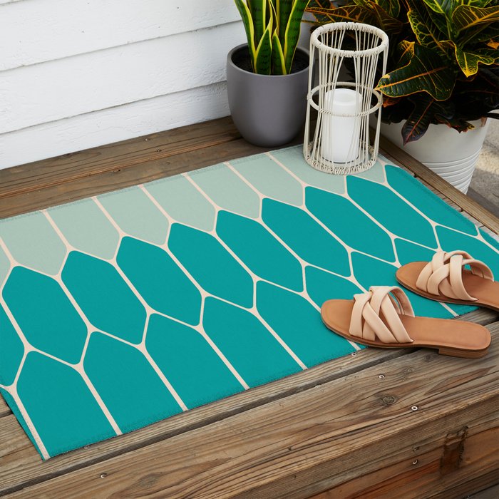 Minimalist Geometric Long Honeycomb Two-Toned Pattern in Turquoise Aqua Teal Outdoor Rug Gallery Image 2