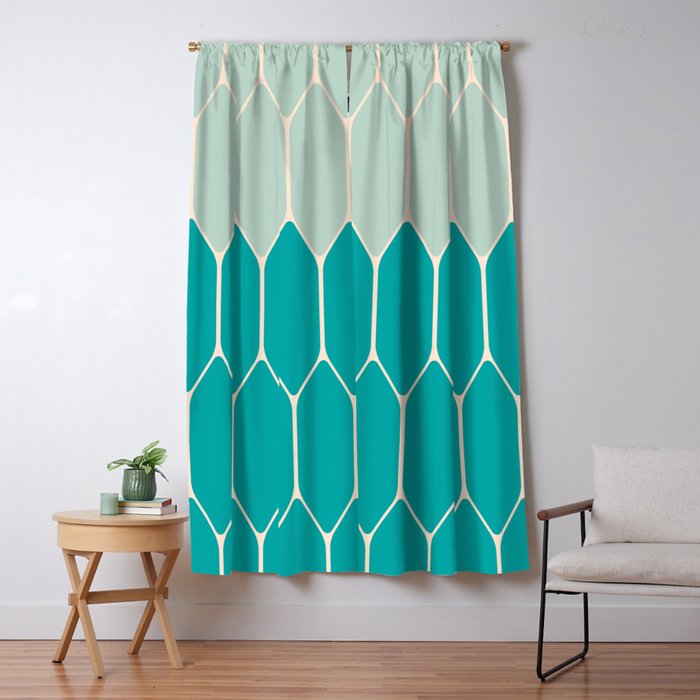 Minimalist Geometric Long Honeycomb Two-Toned Pattern in Turquoise Aqua Teal Window Curtain Gallery Image 1