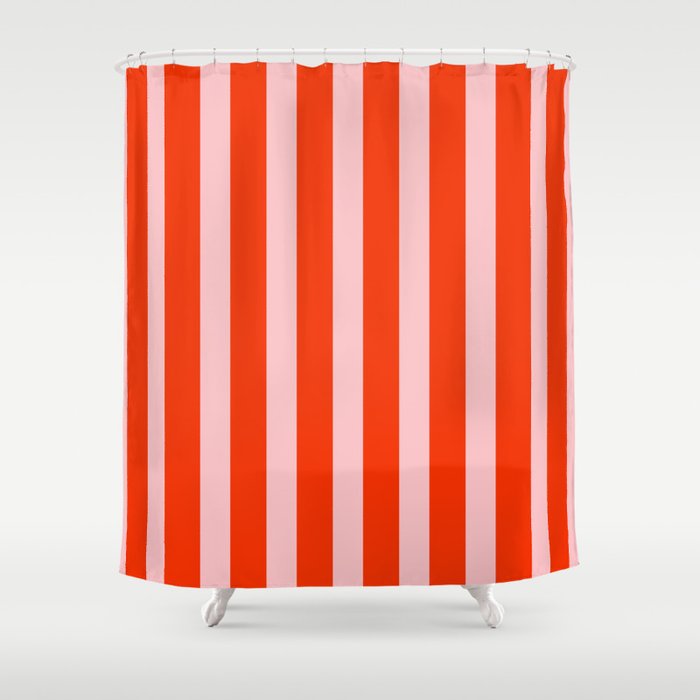 Vertical Stripes Bold Fun Basic Pattern in Orange and Pink Shower Curtain Gallery Image 1