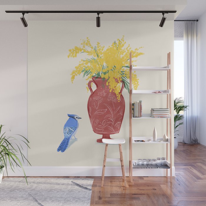 Mimosa and Blue Jay Wall Mural Gallery Image 1