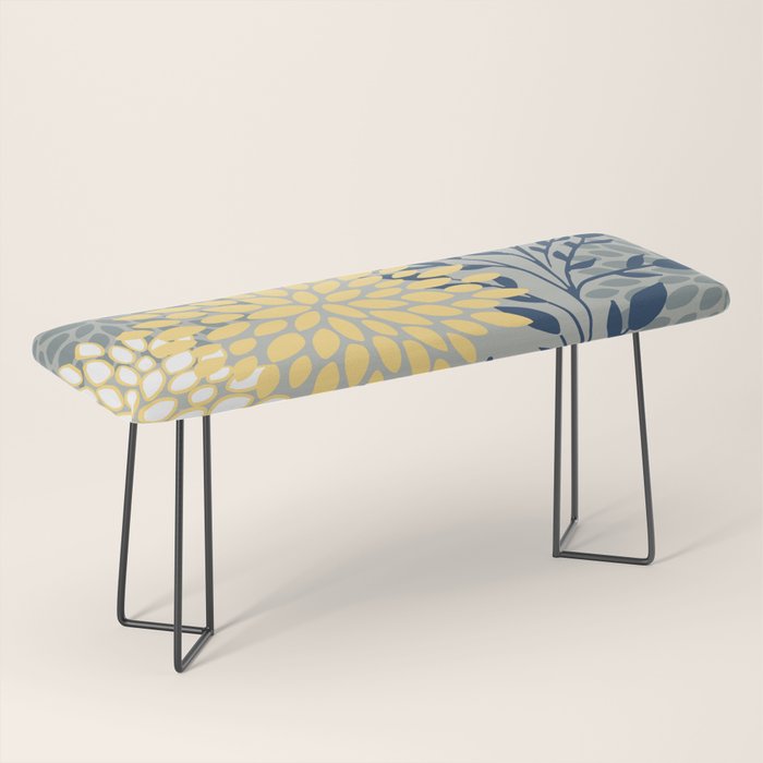Festive, Floral Prints and Leaves, Yellow, Gray, Navy Blue, Teal Bench Gallery Image 1